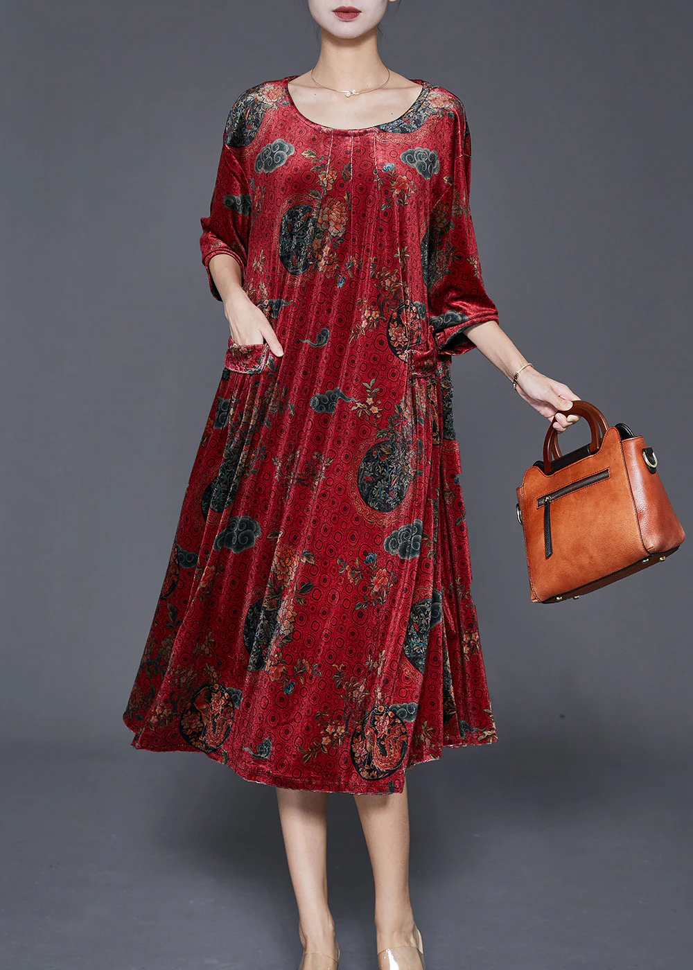 Chic Red Print Pockets Silk Velour Maxi Dress Fall - Image 2