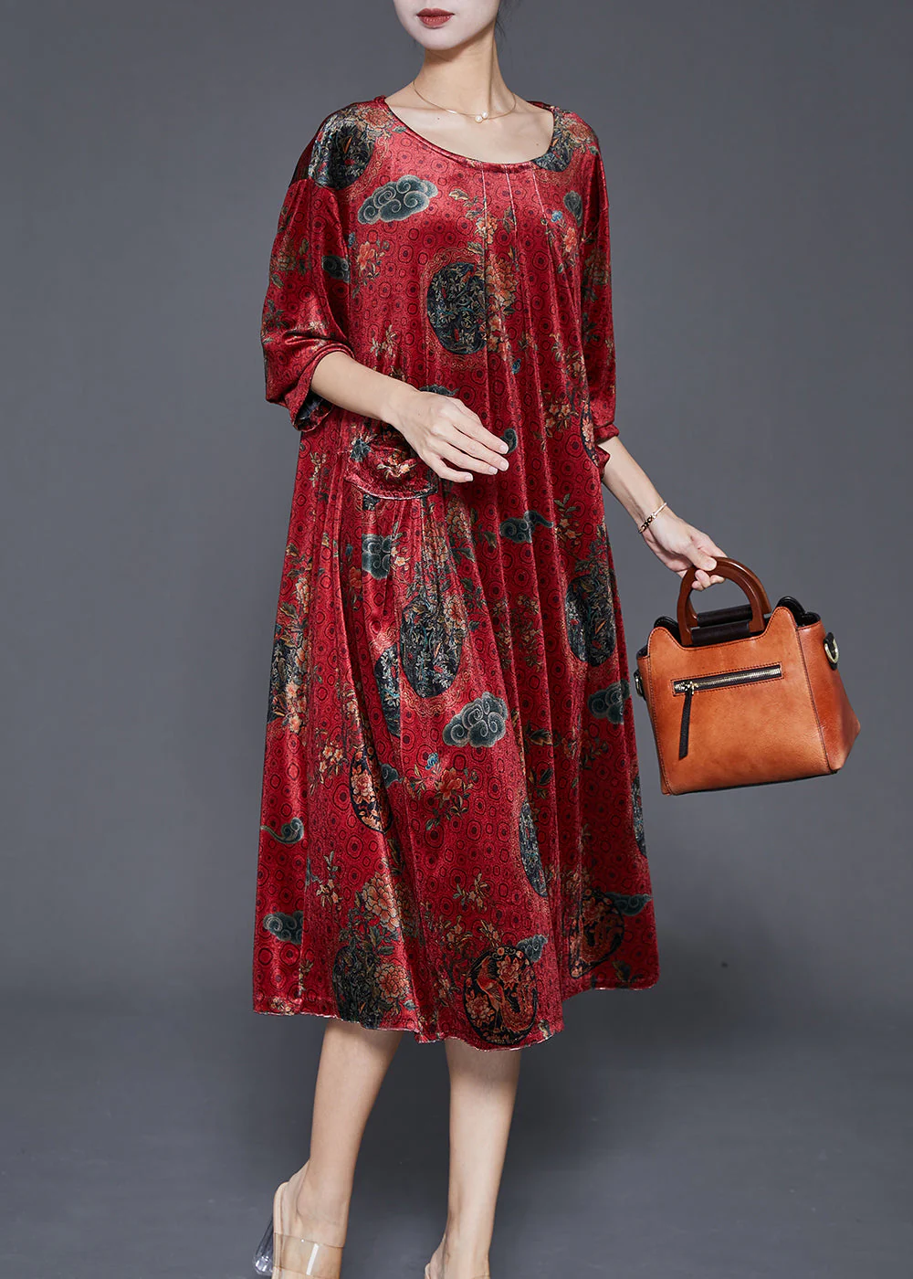 Chic Red Print Pockets Silk Velour Maxi Dress Fall - Image 3