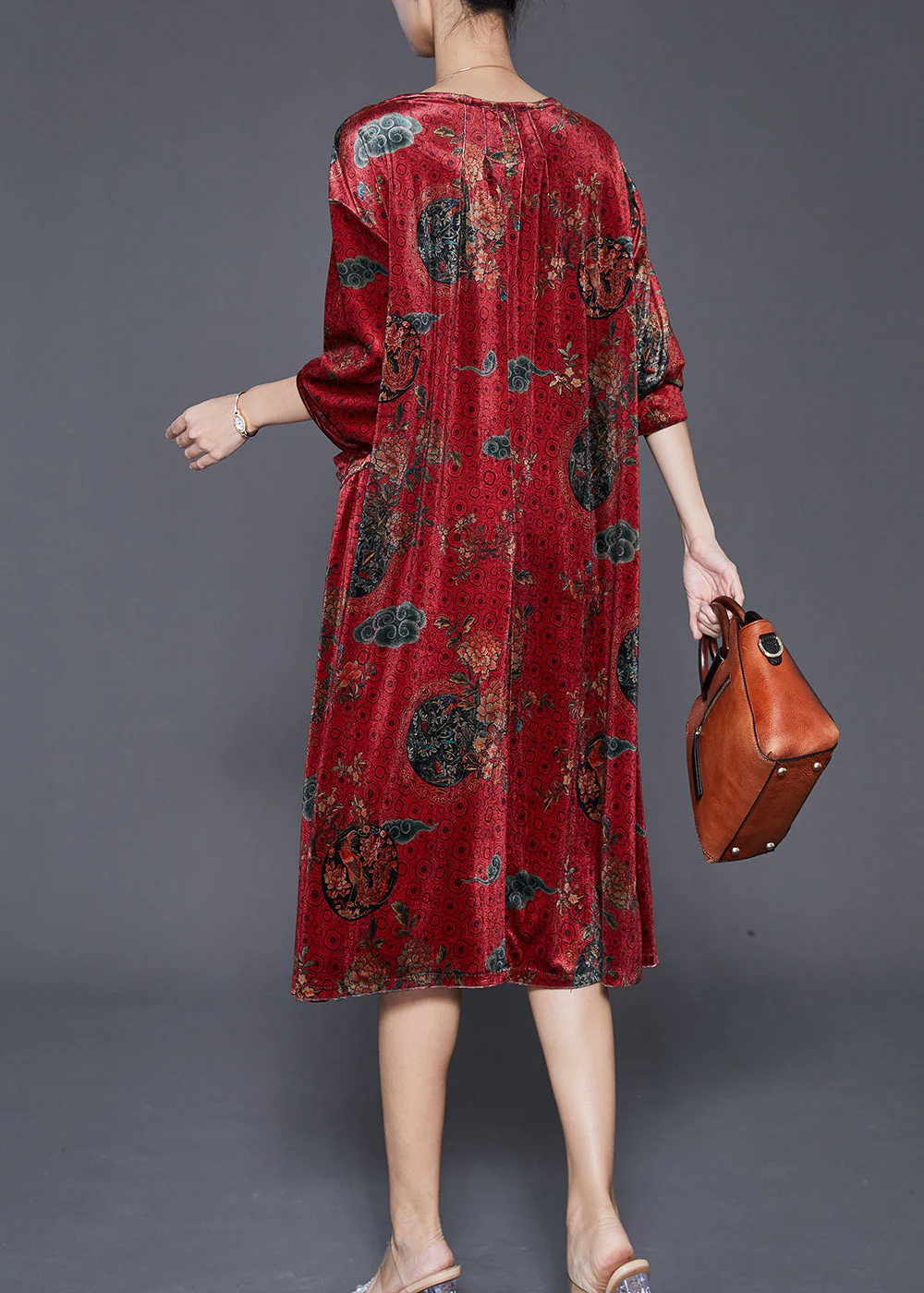 Chic Red Print Pockets Silk Velour Maxi Dress Fall - Image 4