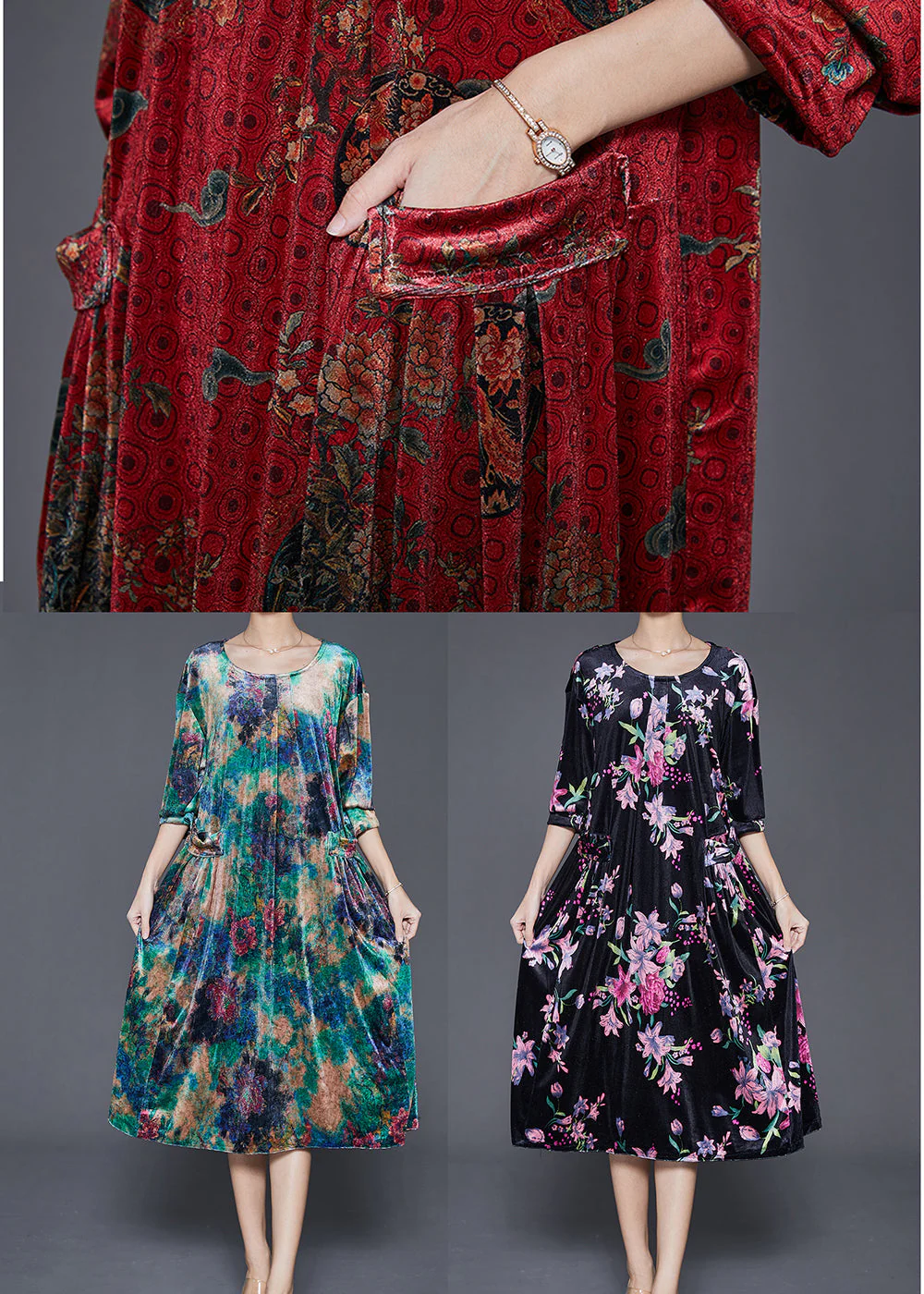 Chic Red Print Pockets Silk Velour Maxi Dress Fall - Image 5
