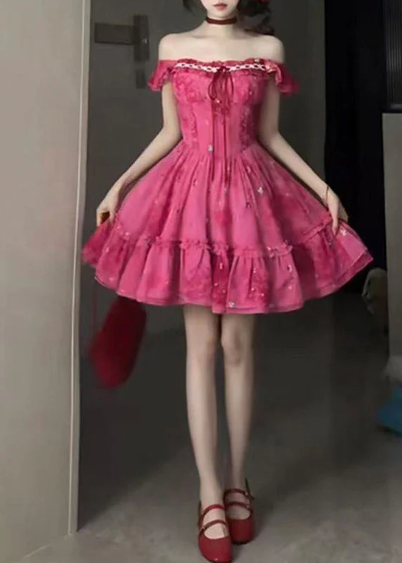 Chic Red Ruffled Patchwork Tie Lace Mid Dress Short Sleeve - Image 4