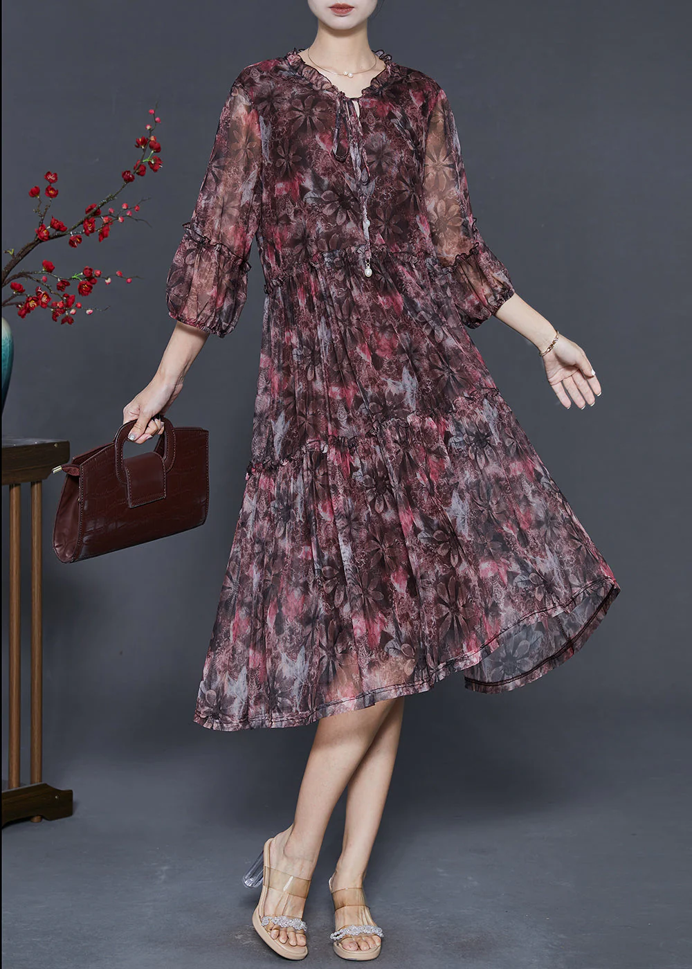 Chic Red Ruffled Print Chiffon Vacation Dresses Summer - Image 2