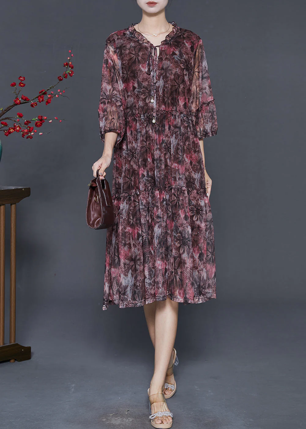 Chic Red Ruffled Print Chiffon Vacation Dresses Summer - Image 3