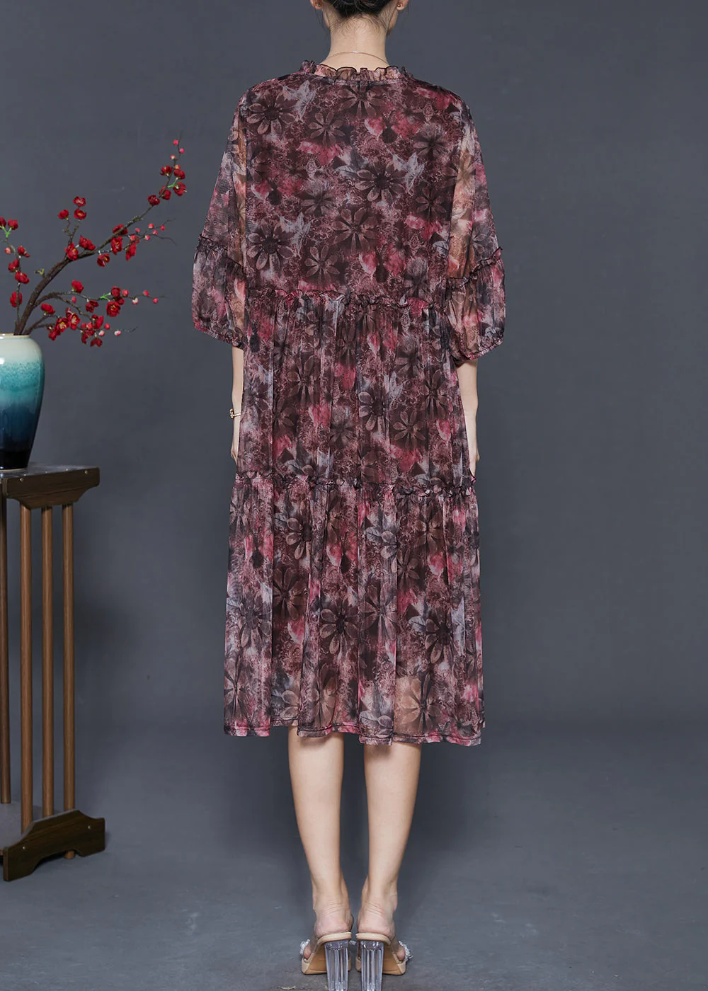 Chic Red Ruffled Print Chiffon Vacation Dresses Summer - Image 4