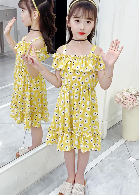 Chic Red Slash NeckPrint Ruffled Patchwork Chiffon Girls Long Dress - Image 2