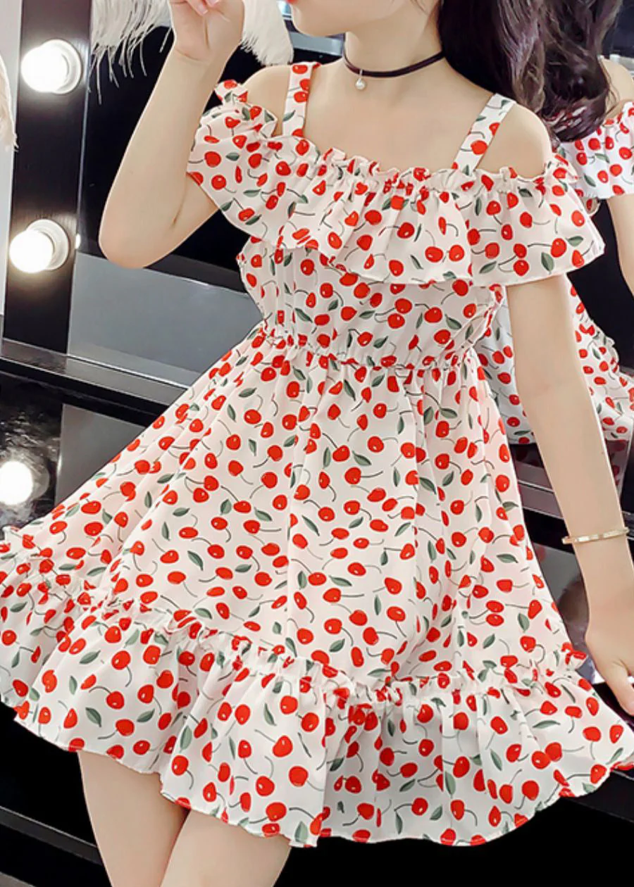 Chic Red Slash NeckPrint Ruffled Patchwork Chiffon Girls Long Dress - Image 5