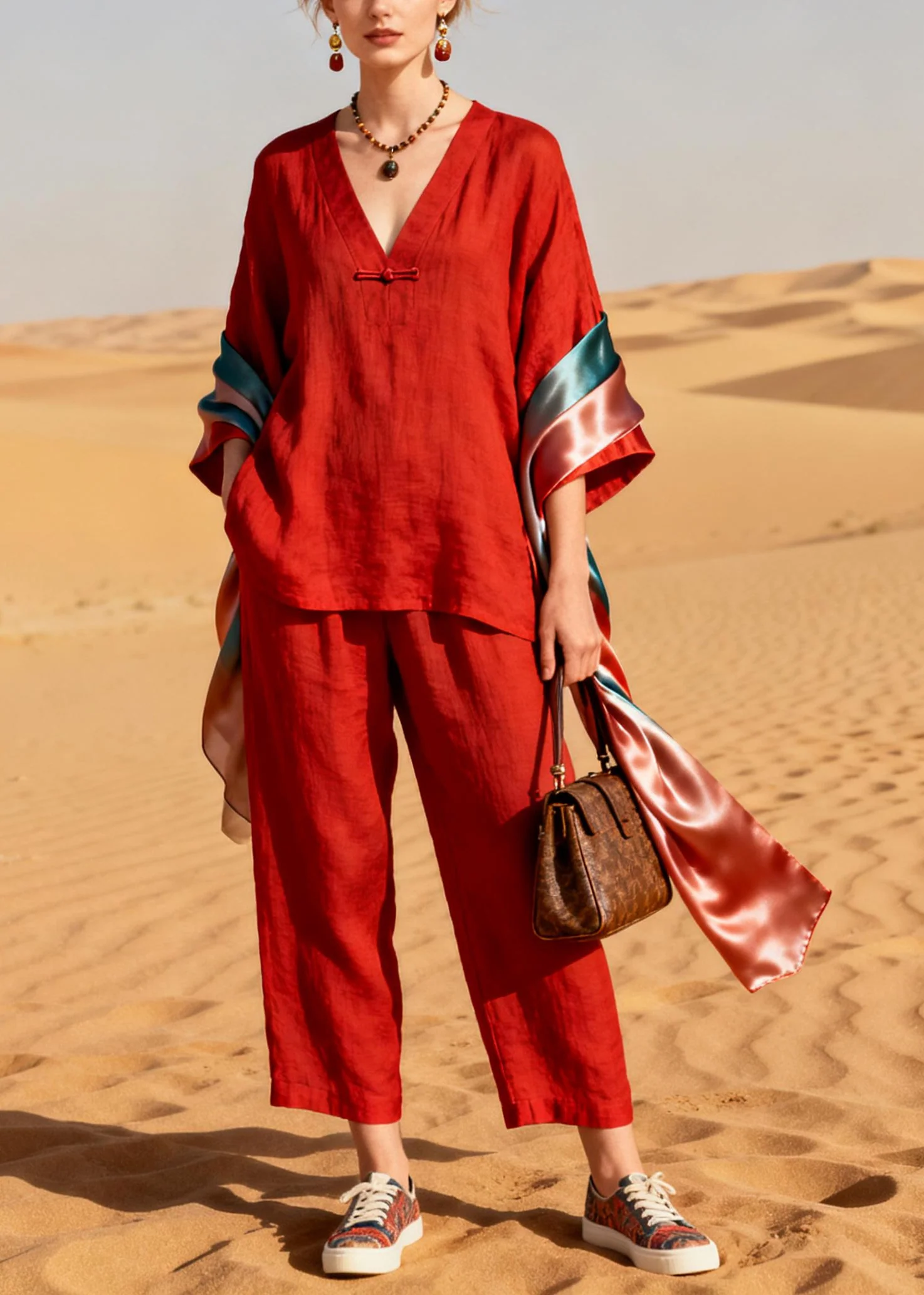 Chic Red V Neck Patchwork Shawl Chinese Button Cotton Two Pieces Set Spring - Image 3