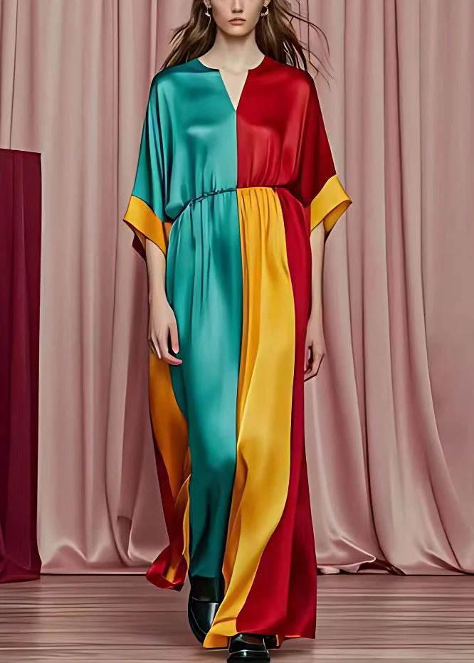 Chic Red V Neck Patchwork Silk Maxi Dresses Half Sleeve - Image 2