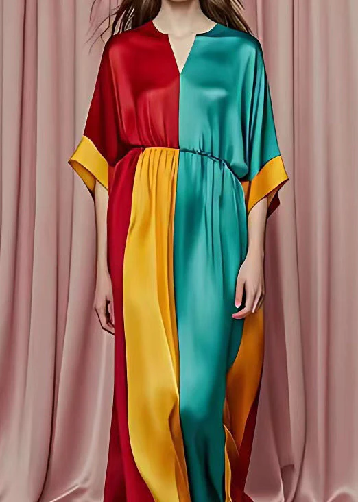 Chic Red V Neck Patchwork Silk Maxi Dresses Half Sleeve - Image 3