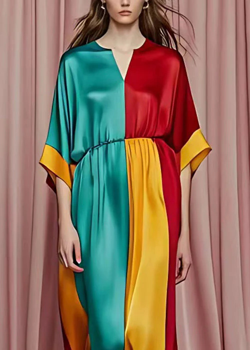 Chic Red V Neck Patchwork Silk Maxi Dresses Half Sleeve - Image 4