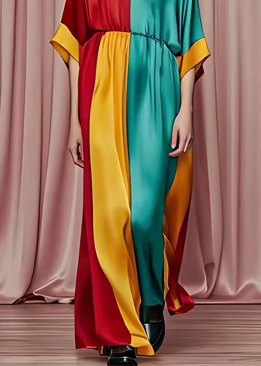 Chic Red V Neck Patchwork Silk Maxi Dresses Half Sleeve - Image 5