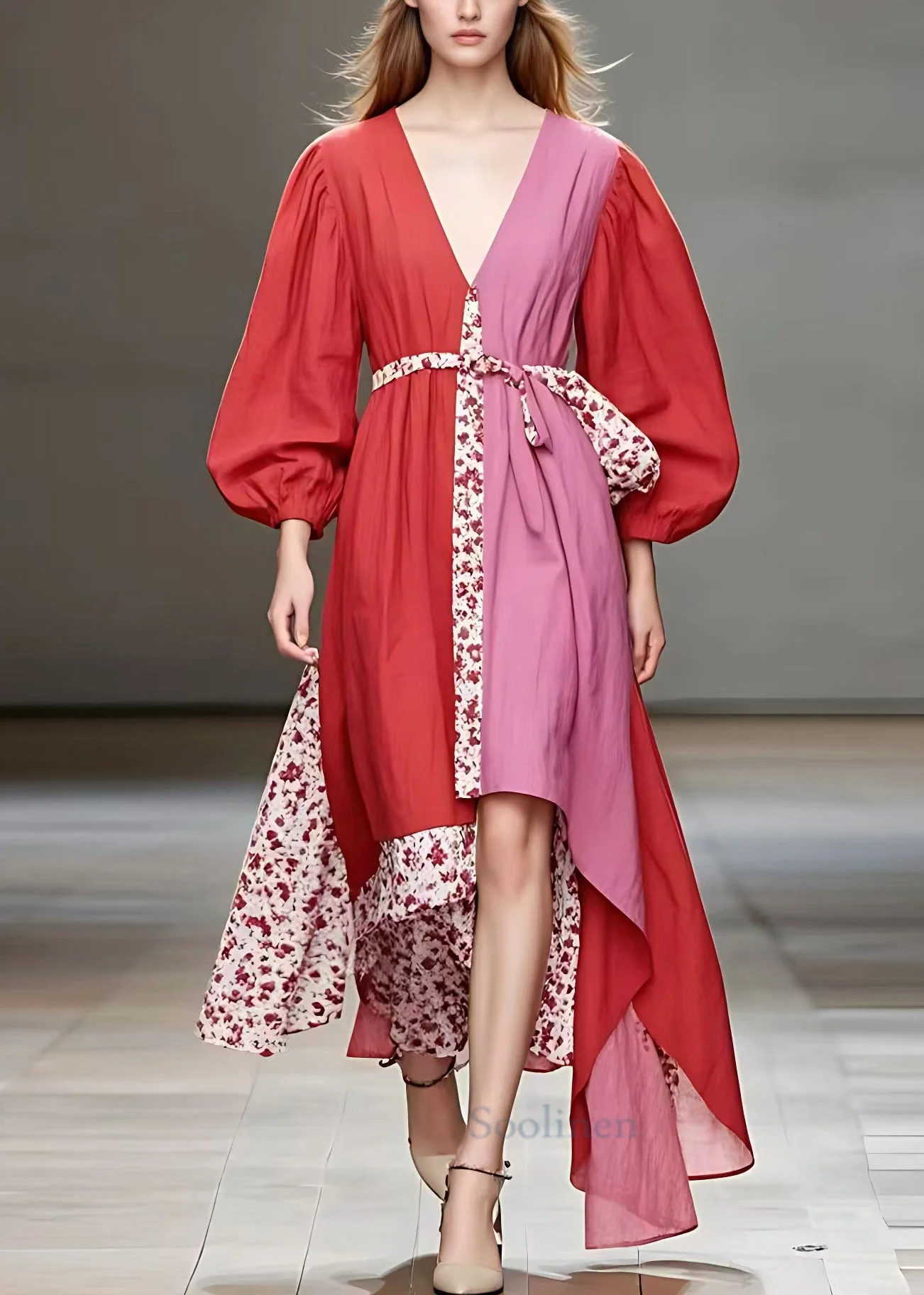 Chic Red V Neck Print Patchwork Cotton Long Dress Fall - Image 2