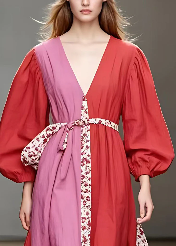 Chic Red V Neck Print Patchwork Cotton Long Dress Fall - Image 3