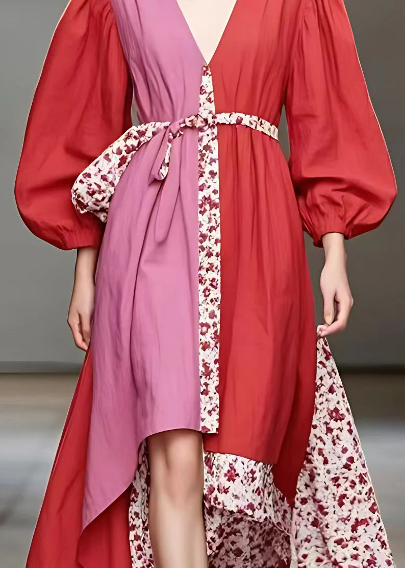 Chic Red V Neck Print Patchwork Cotton Long Dress Fall - Image 4