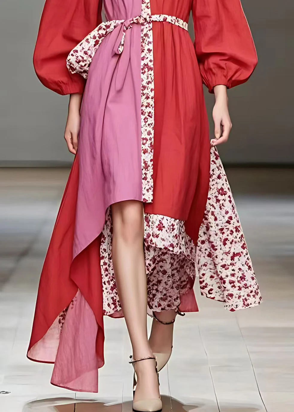 Chic Red V Neck Print Patchwork Cotton Long Dress Fall - Image 5