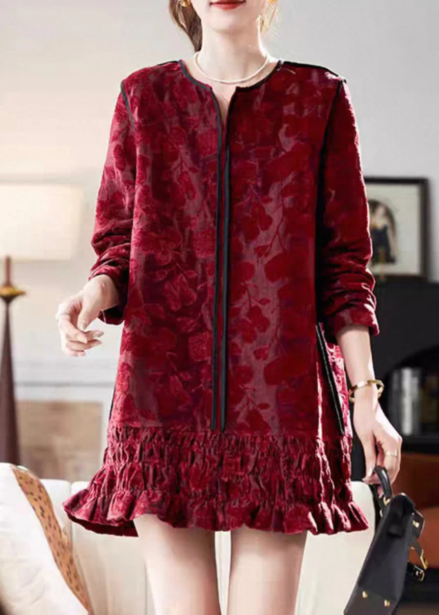 Chic Red V Neck Ruffled Silk Velvet Vacation Mid Dresses Long Sleeve - Image 2