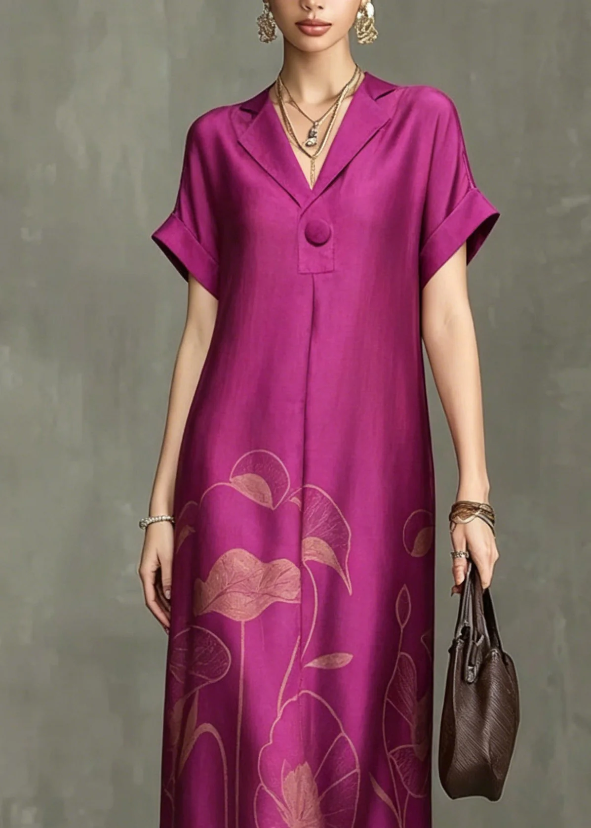 Chic Rose Notched Print Maxi Dresses Summer - Image 2