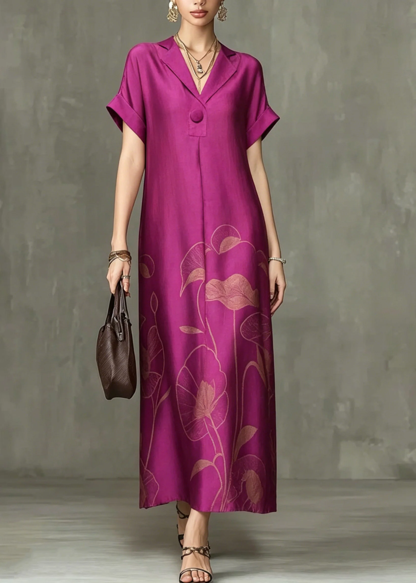 Chic Rose Notched Print Maxi Dresses Summer - Image 3