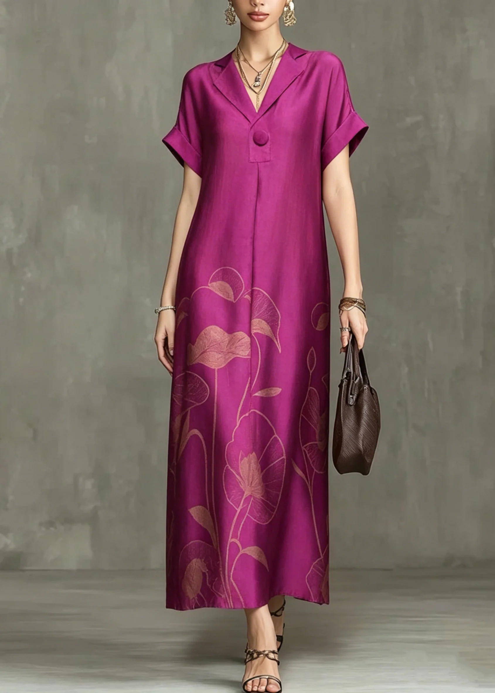 Chic Rose Notched Print Maxi Dresses Summer - Image 5