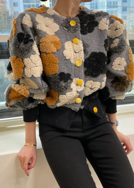 Chic Rose O Neck Button Faux Fur Short Coat Spring - Image 2