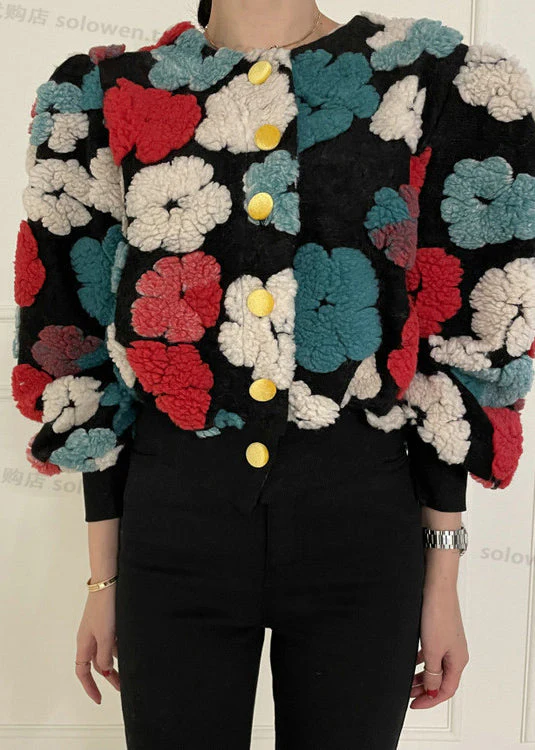 Chic Rose O Neck Button Faux Fur Short Coat Spring - Image 3