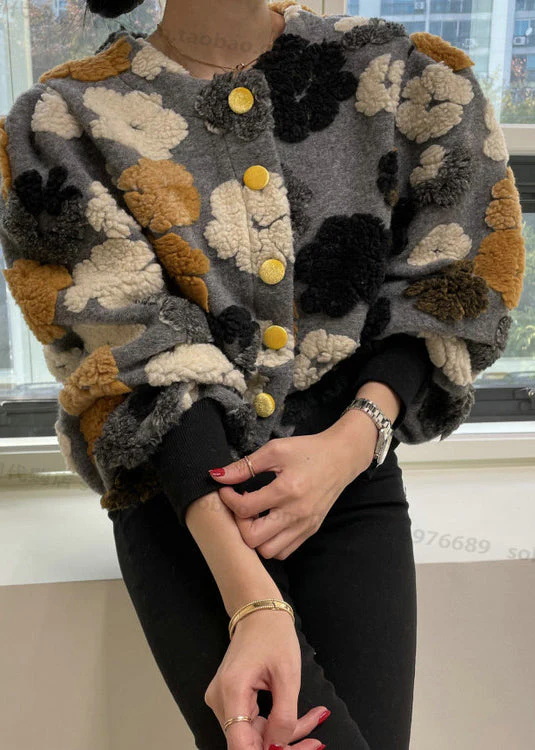 Chic Rose O Neck Button Faux Fur Short Coat Spring - Image 4