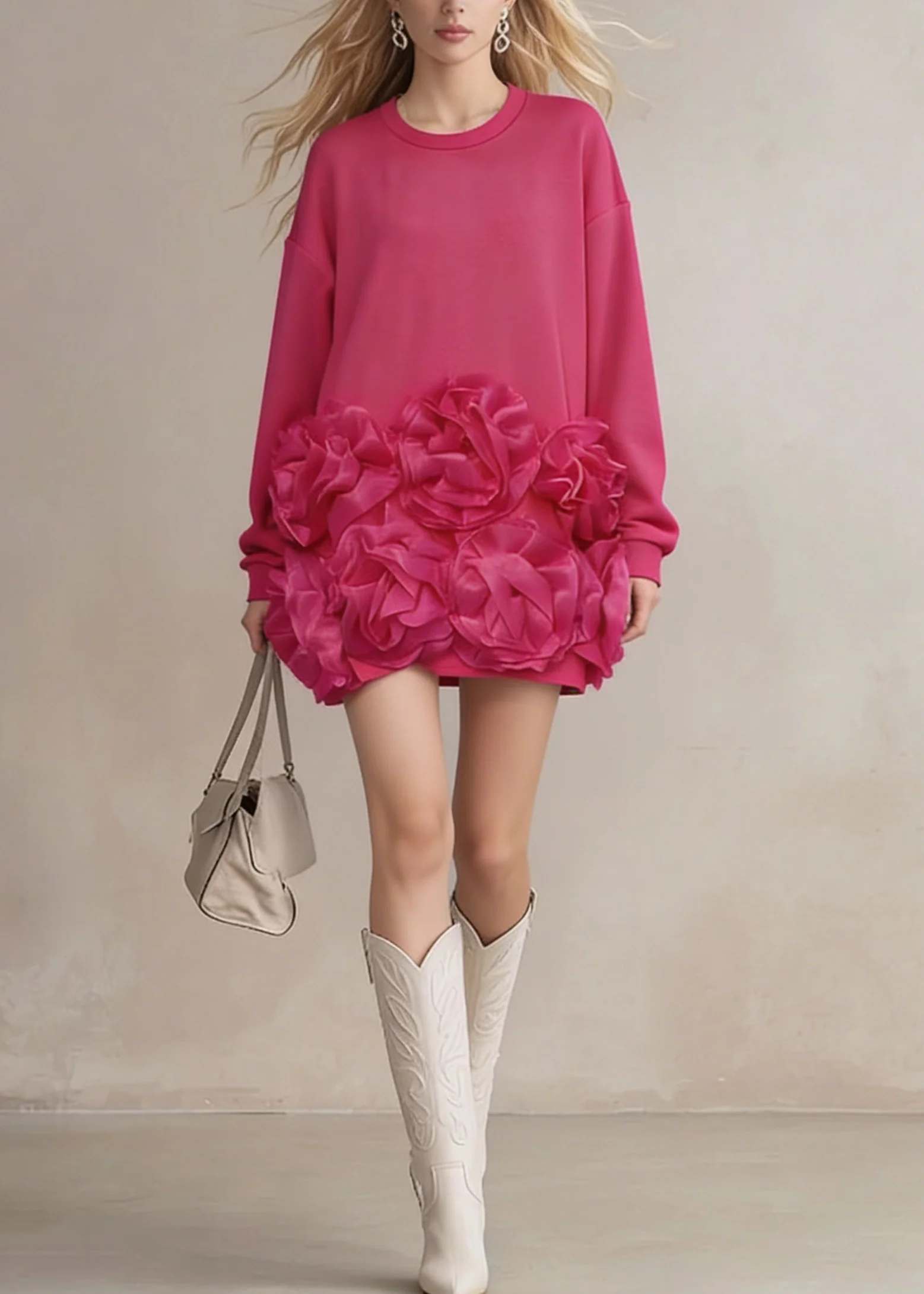 Chic Rose O Neck Floral Cotton T Shirt Dress Spring - Image 3