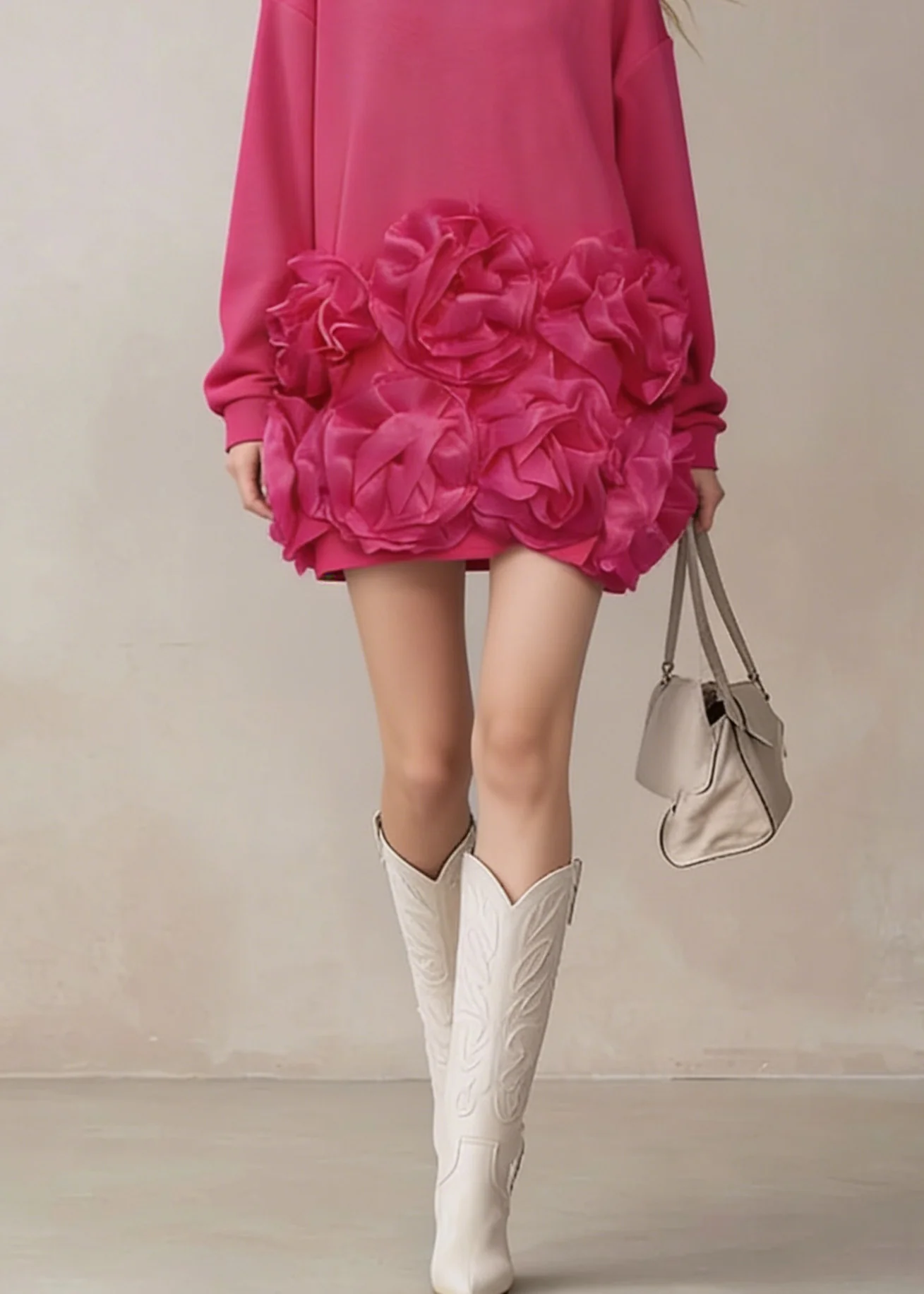 Chic Rose O Neck Floral Cotton T Shirt Dress Spring - Image 4