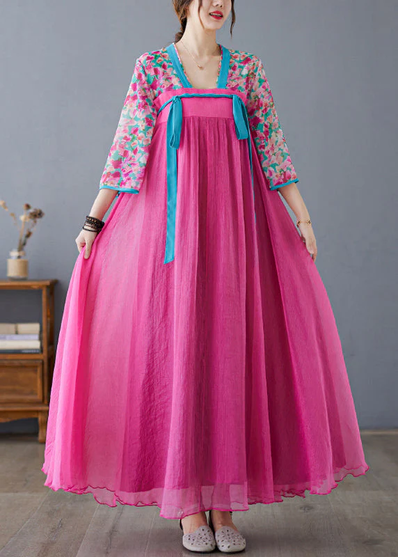 Chic Rose Print Lace Up Patchwork Chiffon Exra Large Hem Dress Summer - Image 2