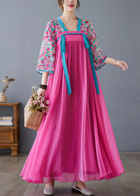 Chic Rose Print Lace Up Patchwork Chiffon Exra Large Hem Dress Summer - Image 3