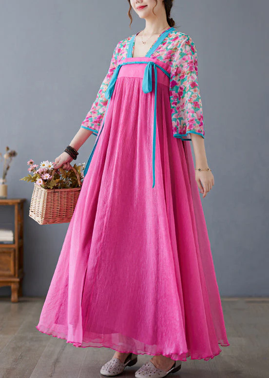 Chic Rose Print Lace Up Patchwork Chiffon Exra Large Hem Dress Summer - Image 4