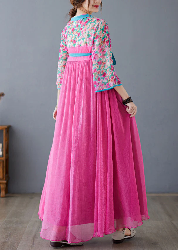 Chic Rose Print Lace Up Patchwork Chiffon Exra Large Hem Dress Summer - Image 5