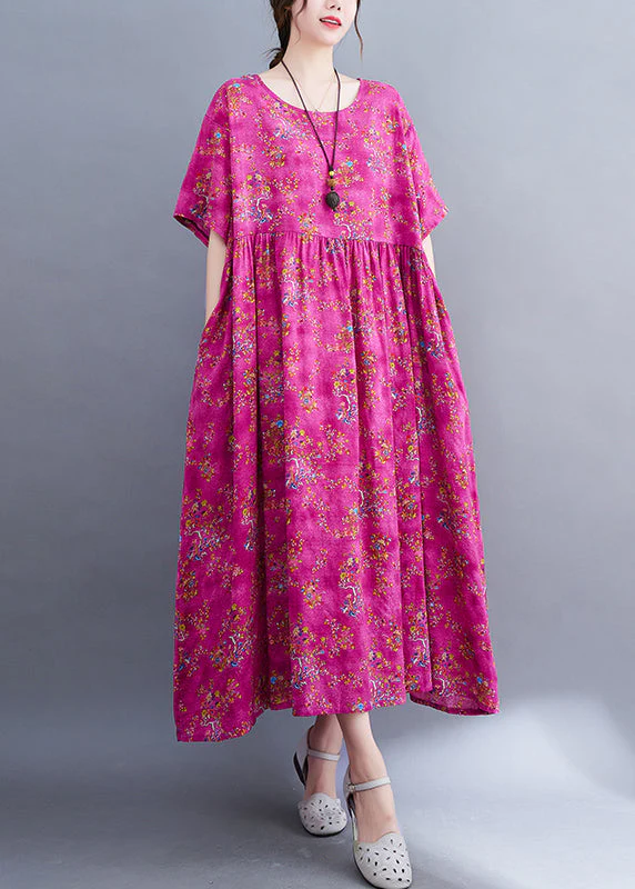 Chic Rose Print Patchwork Long Dresses Short Sleeve - Image 3