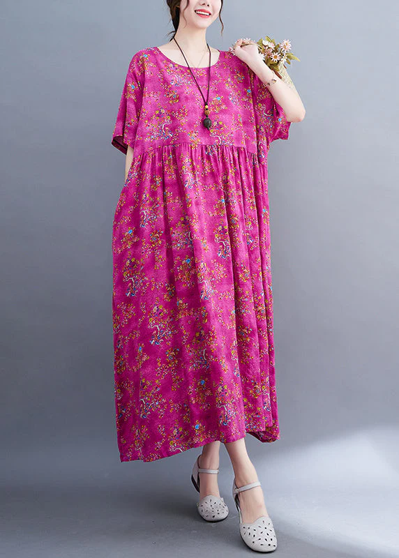 Chic Rose Print Patchwork Long Dresses Short Sleeve - Image 4