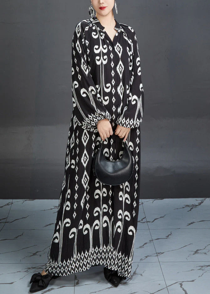 Chic Rose Stand Collar Print Cotton Blouses Dresses Fall - Image 2