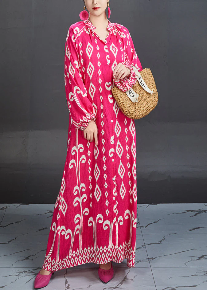 Chic Rose Stand Collar Print Cotton Blouses Dresses Fall - Image 3