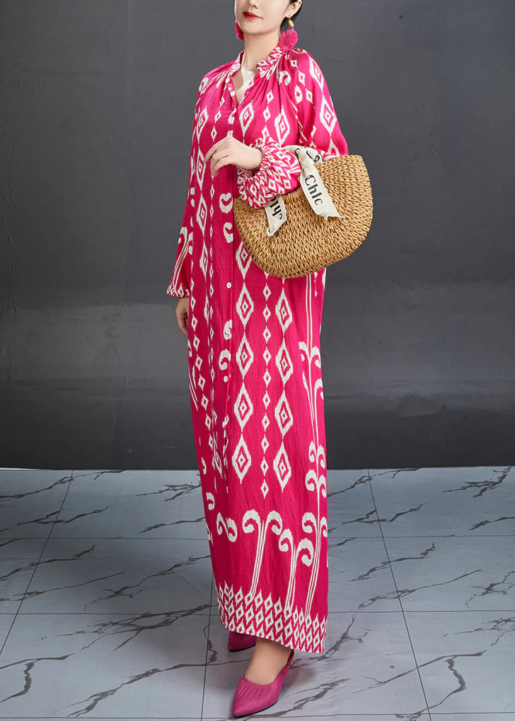Chic Rose Stand Collar Print Cotton Blouses Dresses Fall - Image 4