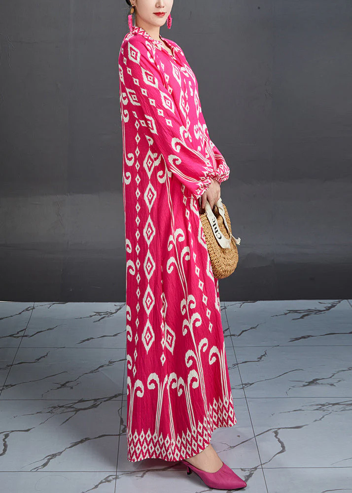 Chic Rose Stand Collar Print Cotton Blouses Dresses Fall - Image 5