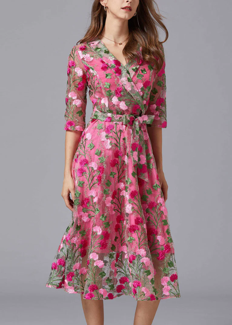 Chic Rose V Neck Embroidered Tie Waist Tulle Mid Dresses Summer - Image 2