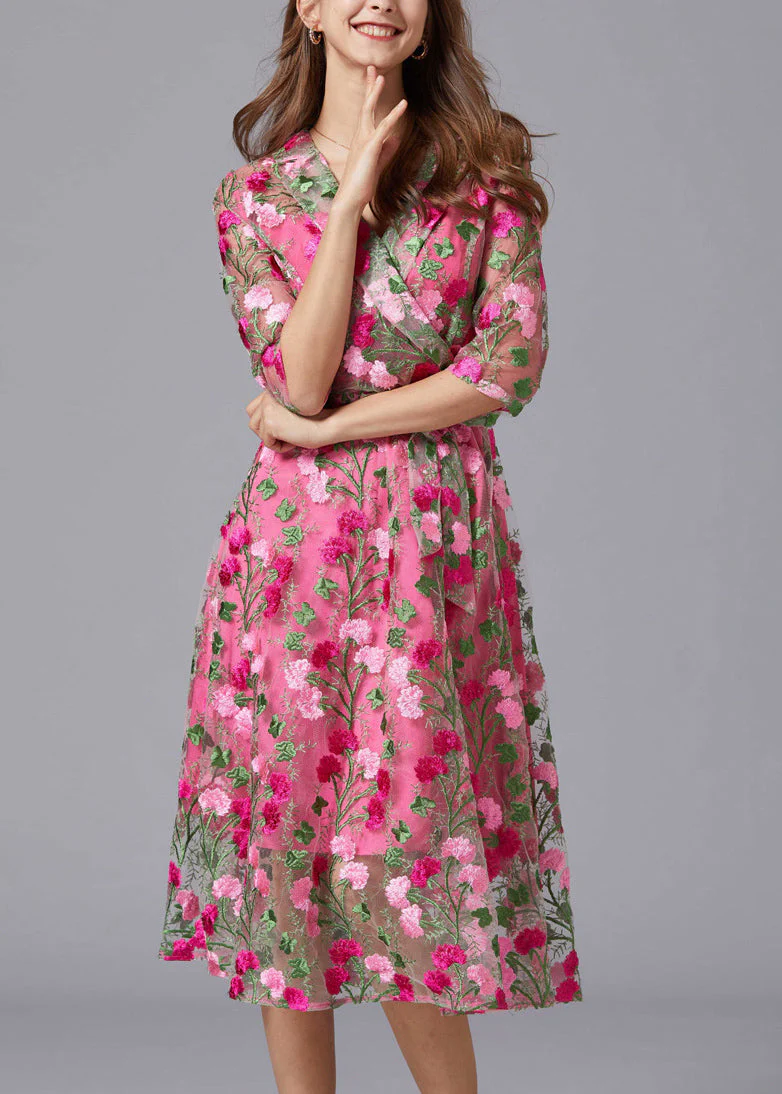 Chic Rose V Neck Embroidered Tie Waist Tulle Mid Dresses Summer - Image 3