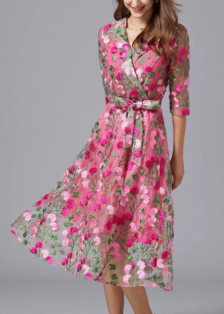 Chic Rose V Neck Embroidered Tie Waist Tulle Mid Dresses Summer - Image 4