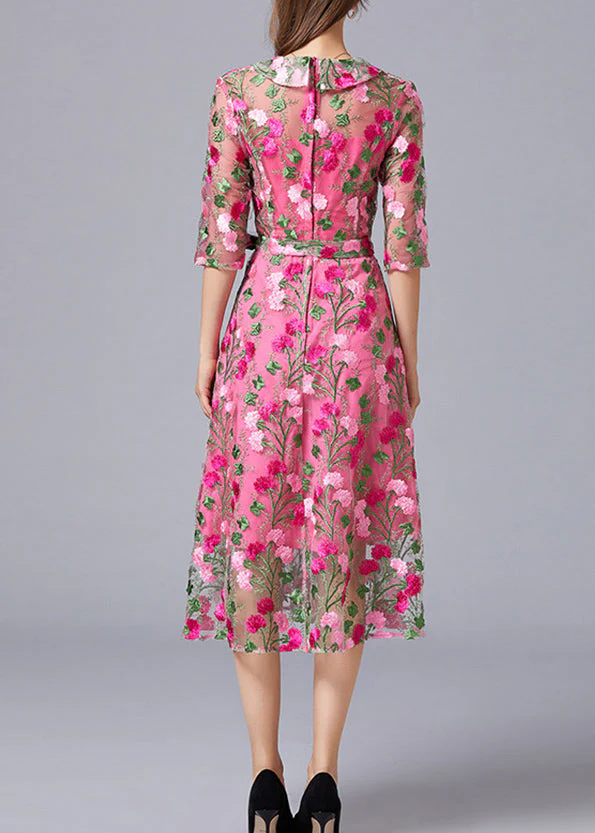 Chic Rose V Neck Embroidered Tie Waist Tulle Mid Dresses Summer - Image 5