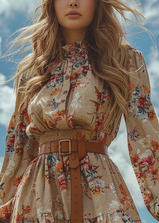 Chic Ruffled Print Patchwork Cotton Mini Dress Long Sleeve - Image 2
