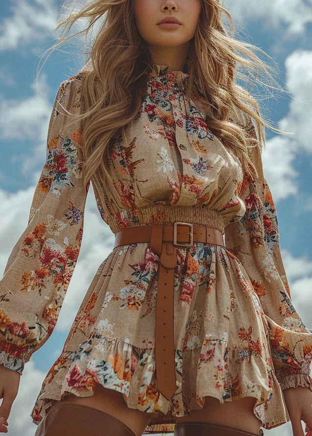 Chic Ruffled Print Patchwork Cotton Mini Dress Long Sleeve - Image 3