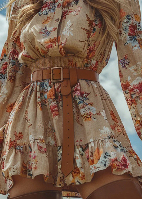 Chic Ruffled Print Patchwork Cotton Mini Dress Long Sleeve - Image 4