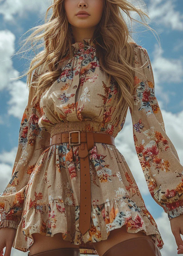 Chic Ruffled Print Patchwork Cotton Mini Dress Long Sleeve - Image 5