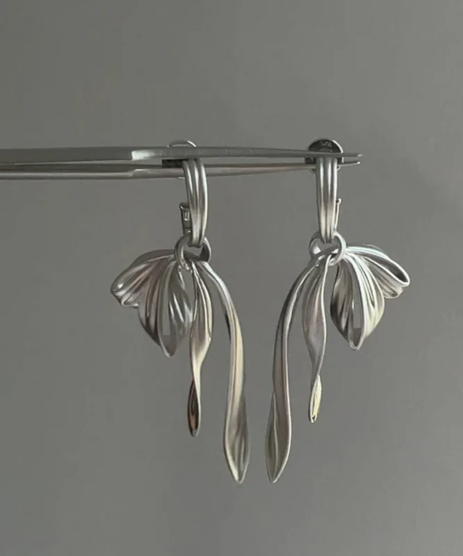 Chic Silk Sterling Silver Bow Ribbon Drop Earrings - Image 3