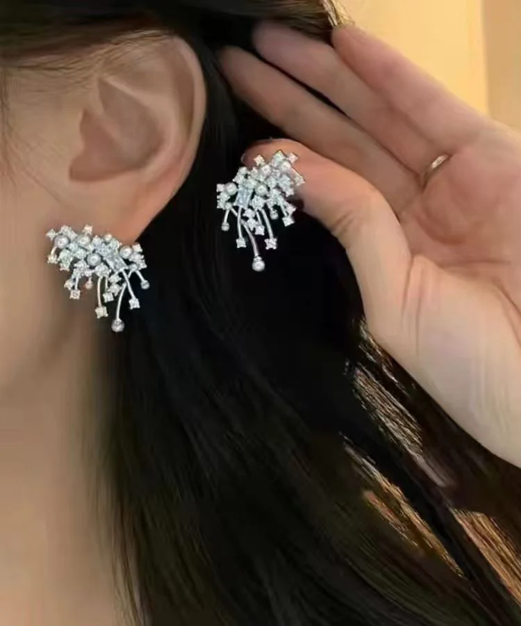 Chic Silk Sterling Silver Zircon Fireworks Pearl Stud Earrings - Image 3