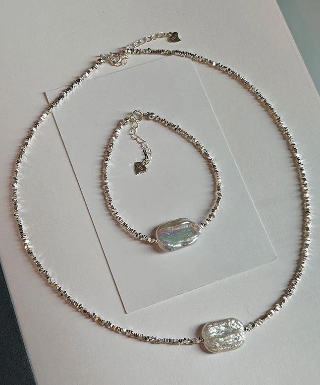Chic Silver Asymmetric Pearl Adjustable Two Piece Set Pendant Necklace - Image 4