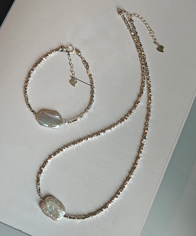 Chic Silver Asymmetric Pearl Adjustable Two Piece Set Pendant Necklace - Image 5
